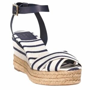 TORY BURCH Sandals Karissa Navy Stripe Espadrille Ankle Strap Wedge Size 8